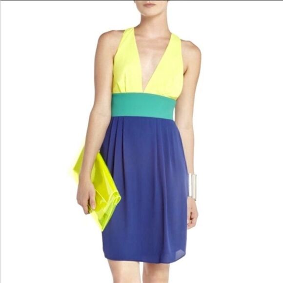 BCBG MaxAzria Color Block Katie Blue V Neck Twist Back Swing Mini Dress Size XS - Picture 1 of 10